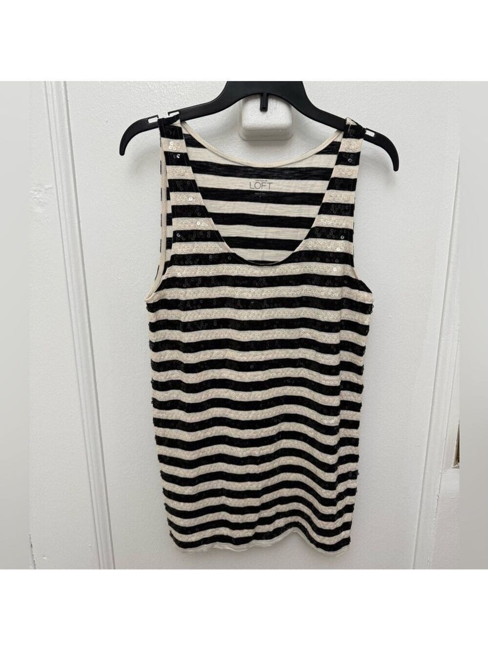 Ann Taylor Loft Black and Cream Striped Sequined Tank Top Size Small